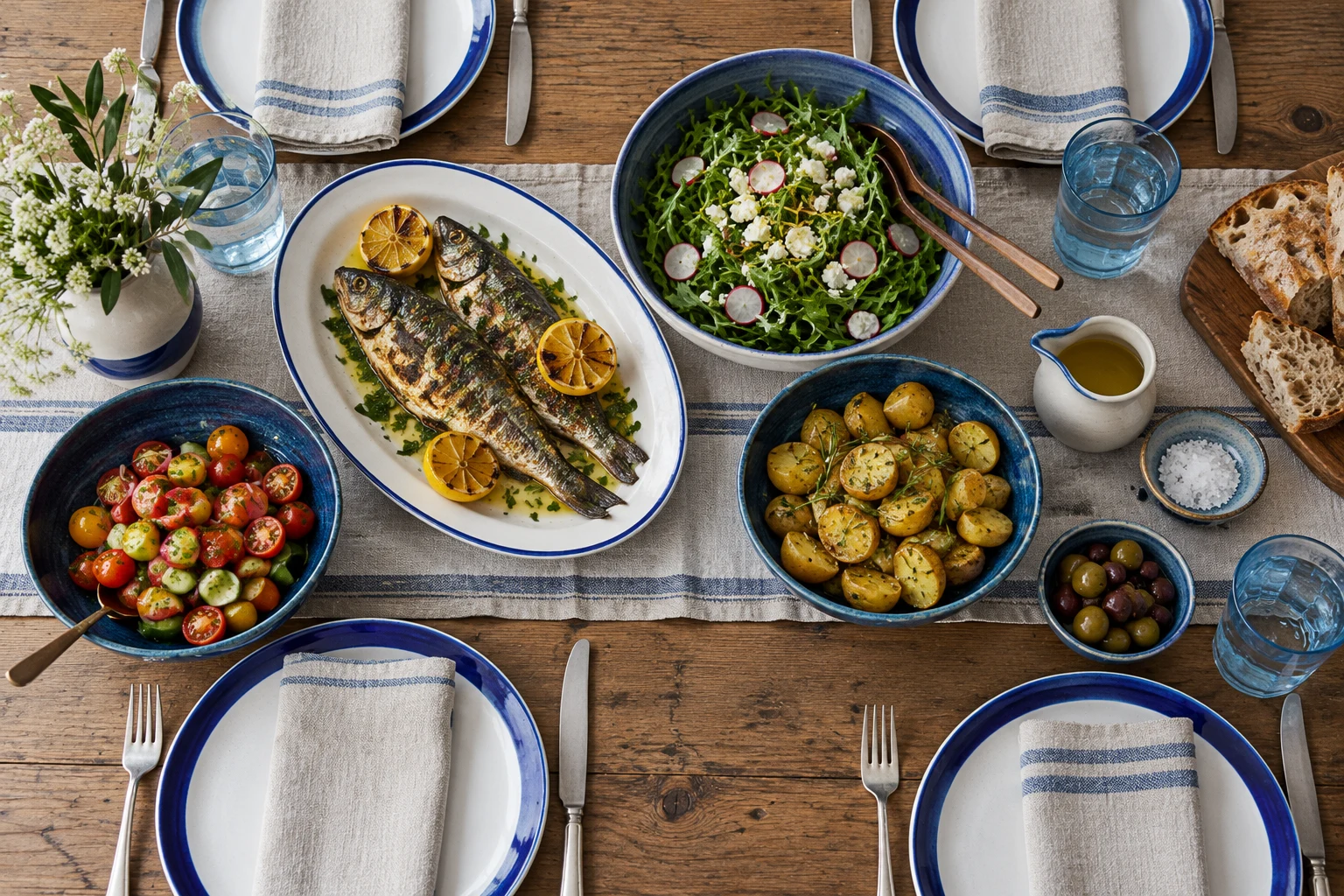 Blue and ivory pieces arranged on a dining table